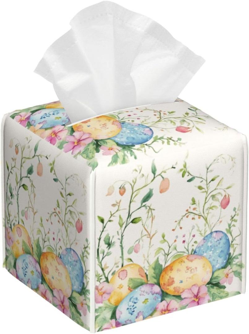 Easter Eggs Tissue Box Cover Spring Botanical Flowers Square Leather Tissue Holder Decorative Facial Tissue Cube Paper Cover Case Organizer for Bathroom Night Stands Desk Tabletop Living Room Home