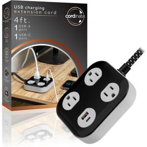 Cordinate Adapt 3 Outlet Surge Protector, 4 Ft Power Strip Extension Cord, USB Port, USB-C Port, for Home, School or Office, 245 Joules, ETL Listed, Black/Gray  82574