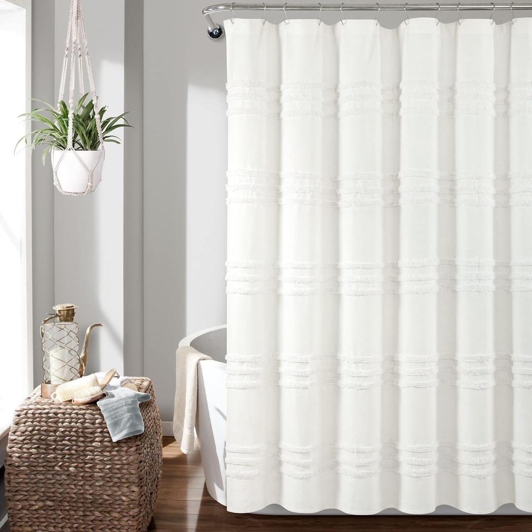 Lush Decor Boho Kendra Tufted Yarn Dyed Cotton Blend Shower Curtain Single 72" W x 72" L White - White Shower Curtains for Bathroom - Bathroom Curtain