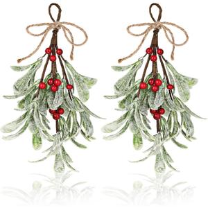 TIESOME Christmas Mistletoe Decor, 2 Pcs Artificial Mistletoe Ornament Mistletoe Hanging Decorations Glitter Christmas Tree Accessories Artificial Dry Leaf Hanging Decoration for Tree Door(Red)