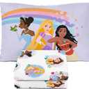 Sunny Side Up Disney Princess Twin Sheet Set - 3 Piece Kids Bedding Set Includes Pillow Cover  Super Soft Rainbow Microfiber Sheets Features Moana, Belle & Rapunzel