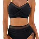 Blooming Jelly Women High Waisted Bikini Sets Tummy Control Swimsuits Modest Mesh Metal Crisscross Back Bathing Suit (Black, S)