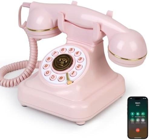Sangyn Bluetooth Retro Desk Phone with Handset & Speakerphone, Classic Bluetooth Landline Telephone, Bluetooth Home Phone with USB Rechargeable Power, Hands-Free Calling & Music Playback, Pink