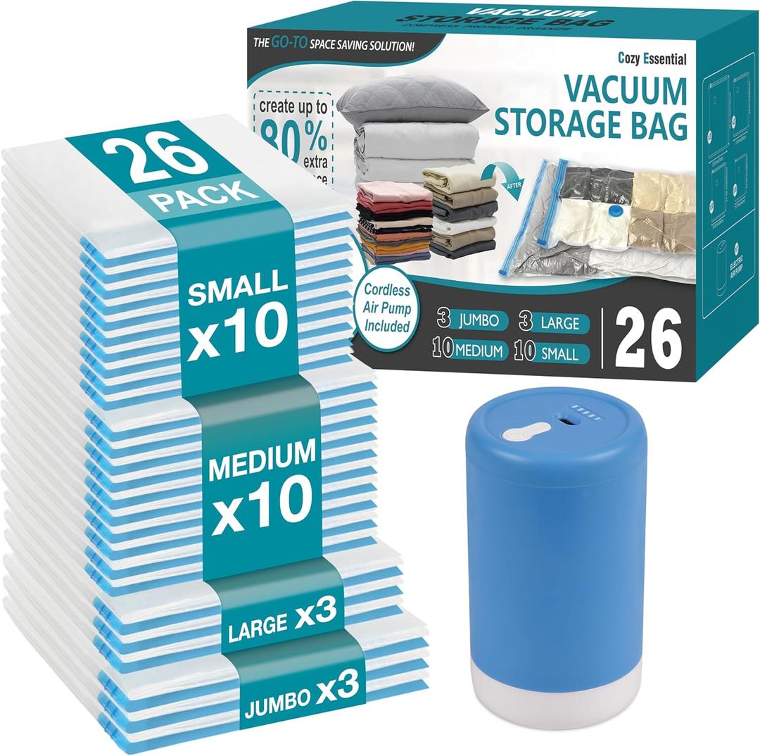 Cozy Essential Travel Vacuum Storage Bags with Rechargeable Cordless USB Pump, Space Saver Bags for Luggage, Suitcase, Carry-On, for Clothes, Blankets, Bedding & Seasonal Storage,26 Combo