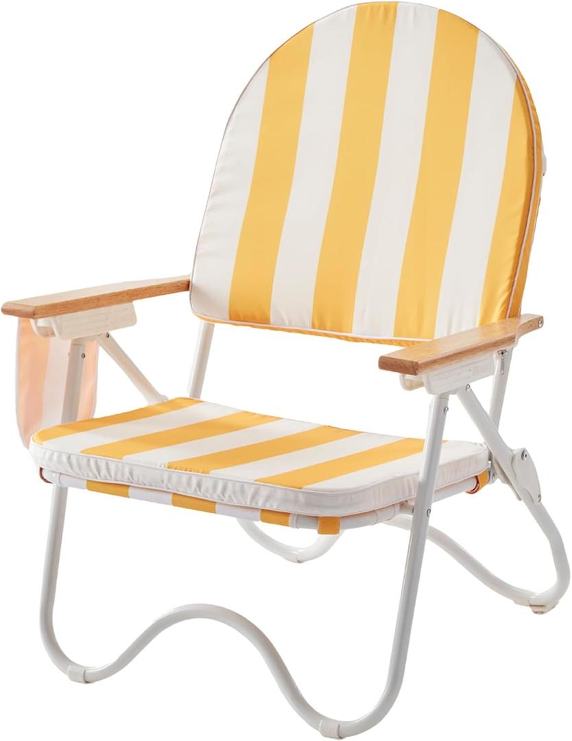 Padded Low Beach Chair, 4-Position Folding Outdoor Chair with Wooden Armrests, Cushioned Seat, Storage Pouch & Carry Strap for Beach, Patio and Lawn, Cala Serena Ochre Stripe