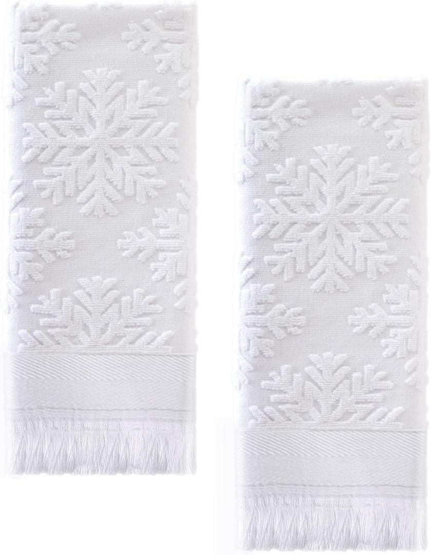 Snowflake Hand Towel Christmas Decorative: White Hand Towels Set Luxury 2 Packs 14X30 100% Cotton Absorbent Soft Face Towel Boho Bathroom Decor Kitchen Hotel Spa Farmhouse Guest Tea Gift (Snowflake)
