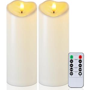 Raycare 8"x3" Outdoor Waterproof Flameless Candles, Battery Operated LED Candles with Remote Control and Timer, Electric Fake Plastic Pillar Candles, Ivory White, Set of 2
