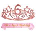 6th Birthday Sash and Tiara for her- Fabulous Glitter Sash + Stars Rhinestone Pink Premium Metal Tiara for her, 6th Birthday Gifts for Princess Party for Girls