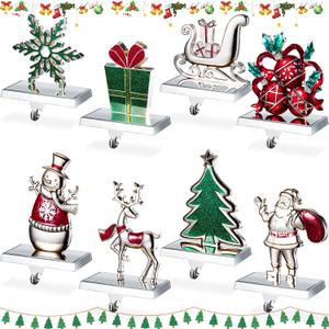 Therwen Set of 8 Christmas Stocking Holder Fireplace Stocking Hooks Mantel Snowman Snowflakes Xmas Tree Deer Christmas Hooks Decoration for Fireplace Shelf Staircases Party(Retro Style, Multicolor)