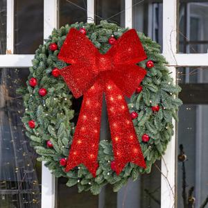 24'' 40LED Christmas Wreath Bow, Glitter Red Bow for Front Door Wreath Home Indoor Outdoor Decorations