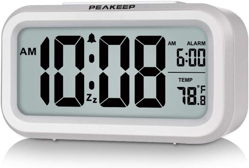 Peakeep Night Light Digital Alarm Clock Battery Operated with Indoor Temperature, Desk Small Clock, (White)