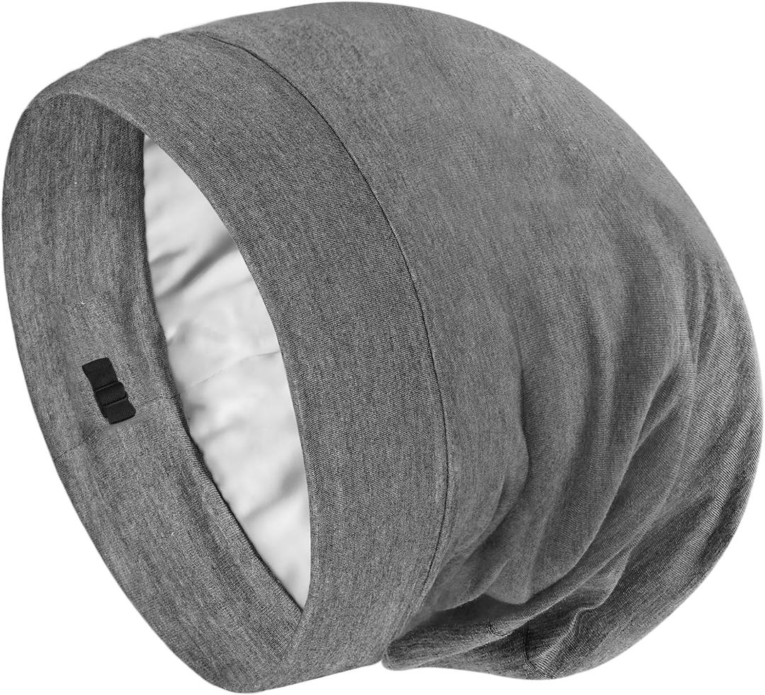 Organic Silk Bonnet for Sleeping Women Modal Shell Hidden Adjustable Strap Easy to Use Soft Head Wrap for Curly Hair Comfy Anti Frizz Night Cap (Light Grey)
