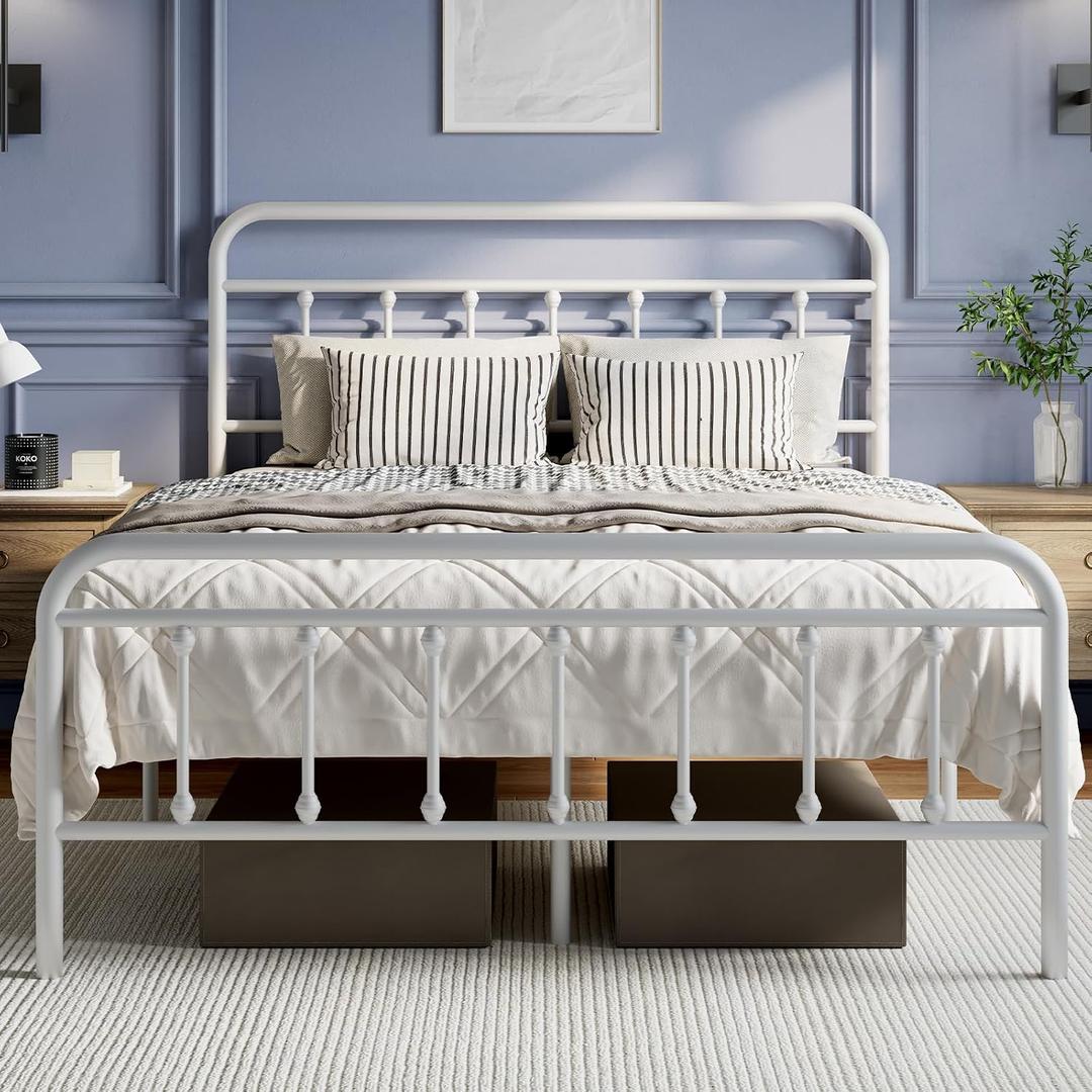 Novilla Metal Bed Frame Queen Size - Modern Minimalist Victorian Style with Headboard/Footboard, Heavy-Duty Steel Slats/Underbed Storage/No Box Spring Needed/Easy Assembly/Noise Free/White
