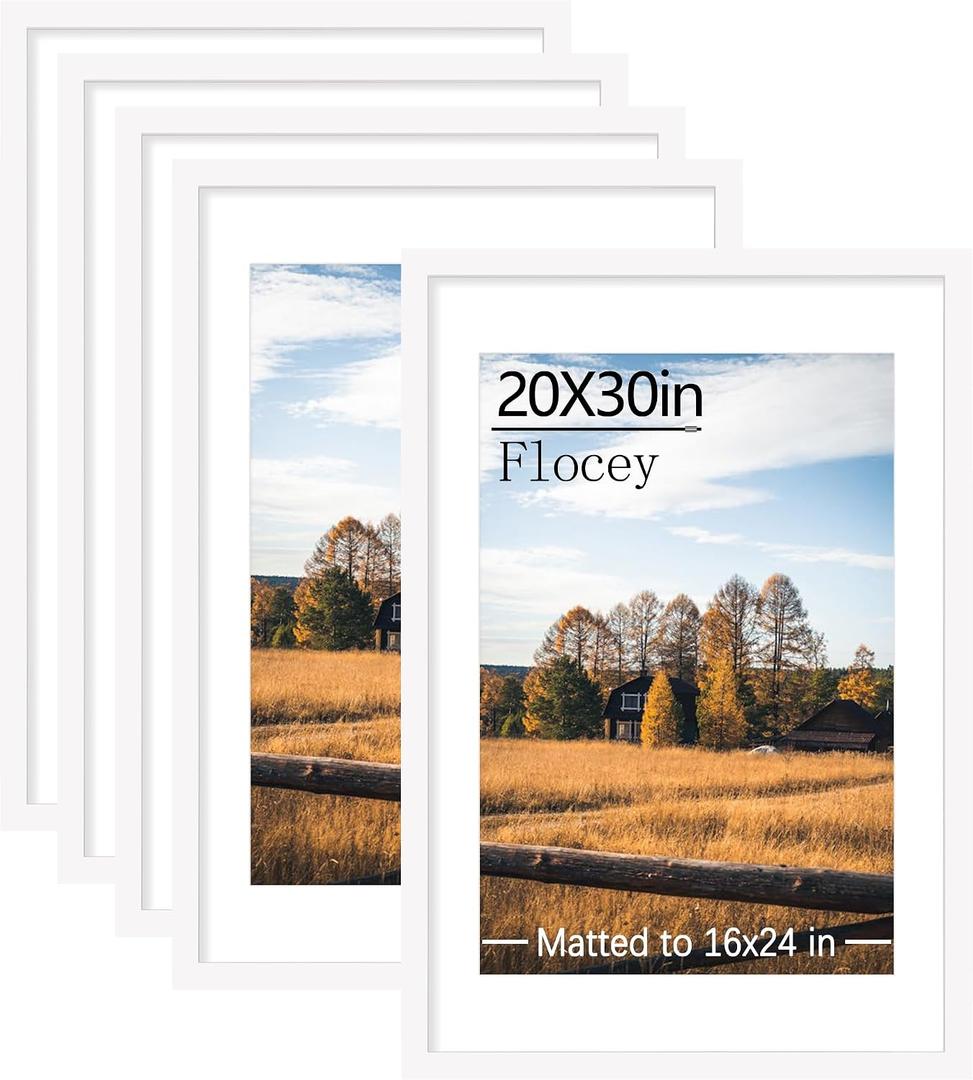 20x30 Picture Frame Set of 5, White Poster Frame, Display Pictures 16 x 24 with Mat or 20 x 30 Without Mat for Horizontal or Vertical Wall Mounting, Wall Gallery Frame