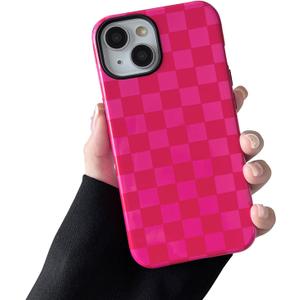 Compatible with iPhone 15 Case, Cute Aesthetic Fashion Colorful Checkered Cover for Women, Shockproof Slim Soft TPU and Hard PC Protective Phone Case for iPhone 15 6.1"- Hot Pink
