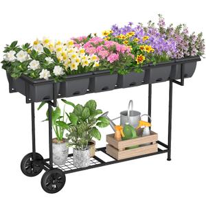 YBING Raised Garden Bed with Wheels Outdoor Elevated Planter Box Stand 6 Pocket Raised Flower Bed with Legs and Storage Shelf Herb Garden Planter for Patio 30" Tall, Dark Grey (Gray)