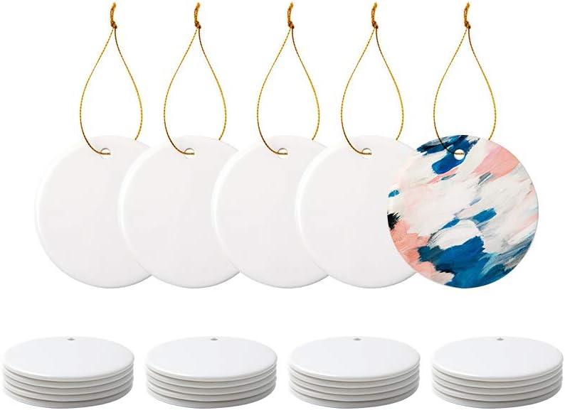 PYD Life 25 PCS Sublimation Ceramic Ornaments Bulk White 2.75 Inch Round Blank with Gold String for Crafting DIY Personalized Christmas Home Decor Bulk
