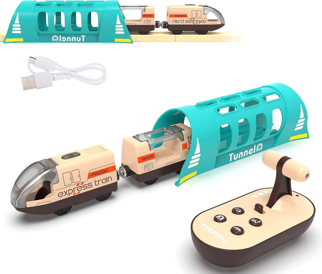 Electric Train for Wooden Track, Remote Control Train Toy, Motorized Train and Tunnel with Voice & Lights Effect, Battery Operated Locomotive Train Set Compatible with Thomas, Brio, Chuggington