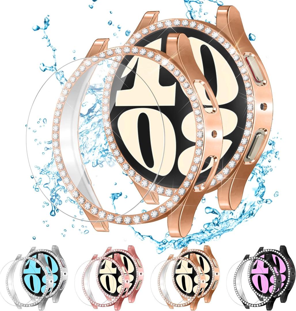 ALMNVO [4+4 Pack Bling Case for Samsung Galaxy Watch 6 Screen Protector 40mm, Tempered Glass Glitter Diamond Bumper Face Cover for Galaxy Watch 6/5/4 Accessories 40mm Galaxy Watch Case for Women