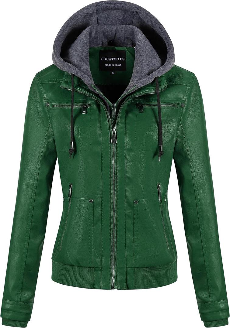 CREATMO US Women's Faux Leather Jacket Waterproof Motorcycle Bomber Jacket Vintage PU Moto Biker Coat With Removable Hood (Green, XL)
