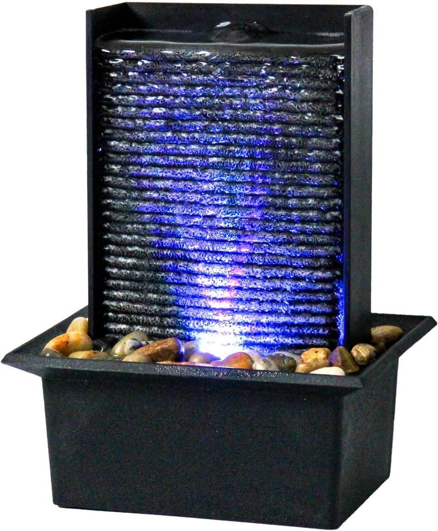 Small Indoor Relaxation Tabletop Fountain, Zen Meditation Waterfall Feature with Color LED Light & Natural Rocks, 4 Level Desk Waterfall for Home Office Bedroom Living Room Decoration (Style 2)