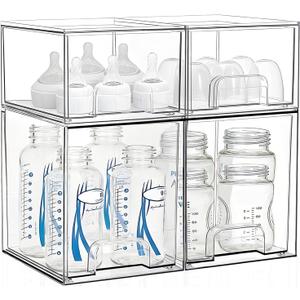 Baby Bottle Storage Organizer: Clear Stackable Storage Drawers, Acrylic Bottles Station Organizer Container for Countertop, Vanity, Bathroom, Cabinet Organization - 4 Pack (2 Small+2 High)