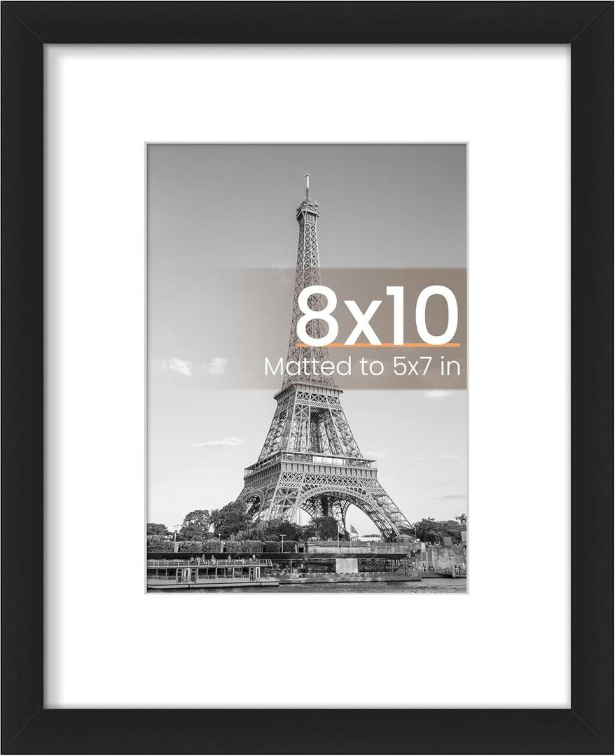 upsimples 8x10" Picture Frame, Display Pictures 5x7" with Mat or 8x10" Without Mat, Wall Hanging Photo Frame, Black, 1 Pack
