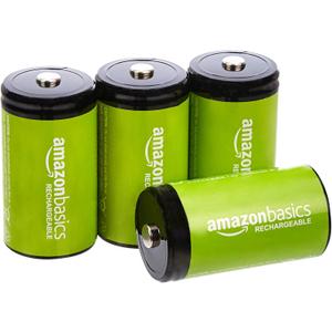 Amazon Basics 4-Pack Rechargeable D Cell NiMH Batteries, 10000 mAh, Pre-Charged, Recharge up to 1000x Times