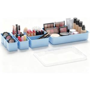 Jalopink Silicone Makeup Organizer Drawer Set with Clear Lid - Stackable Vanity & Bathroom Drawer Organizer, Adjustable Compartment Desk Drawer Organizer for Cosmetics, Toiletries, Office Supplies