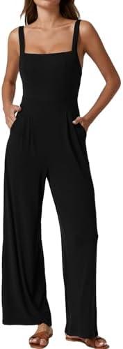 QINSEN Womens Casual Loose Overalls Jumpsuit Square Neck One Piece Sleeveless Wide Leg Rompers Outfits , size medium