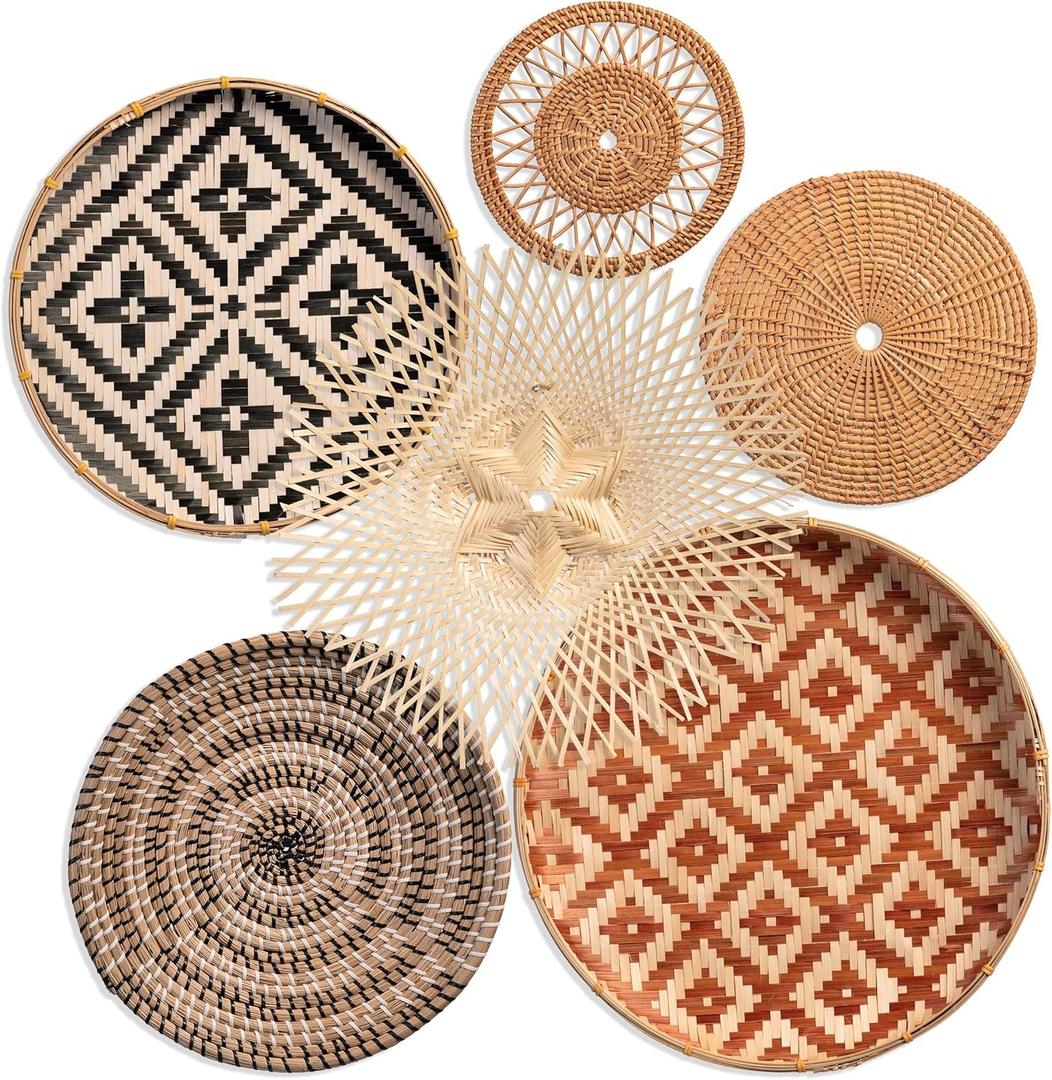 KushimHome Wall Basket Decor Set - 18" to 9" Hanging Boho Art, Bamboo Seagrass Rattan Woven Baskets, 17.7x1, 16"x1, 15"x2, 11"x1, 9"x1