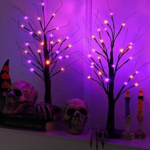 Halloween Indoor Decorations 2 Pack 24 Inch Black Halloween Tree with 24 Orange Purple Led Lights, Timer/USB/Battery Operated Lighted Spooky Tabletop Tree for Halloween Decor Home Table Holiday Party