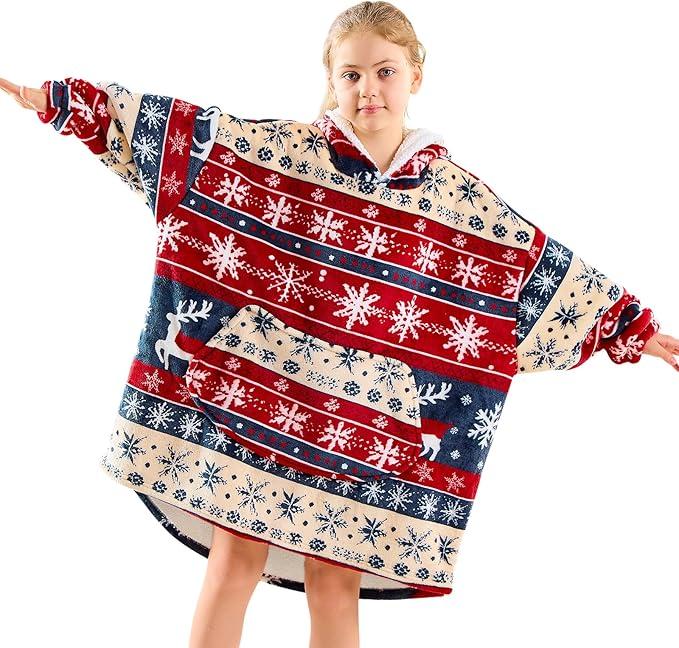 Moinlizy Wearable Blanket Hoodie for Kids 613Y, Oversized Thick Flannel Blanket Hooded with Pocket Sleeves Christmas Red Xmas Deer XXL