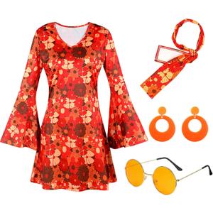 Hercicy 4 Pcs 70s Disco Dress Women 70s Hippie Costume Accessories Christmas Dress Headband Earrings Sunglass Cosplay Party (M)