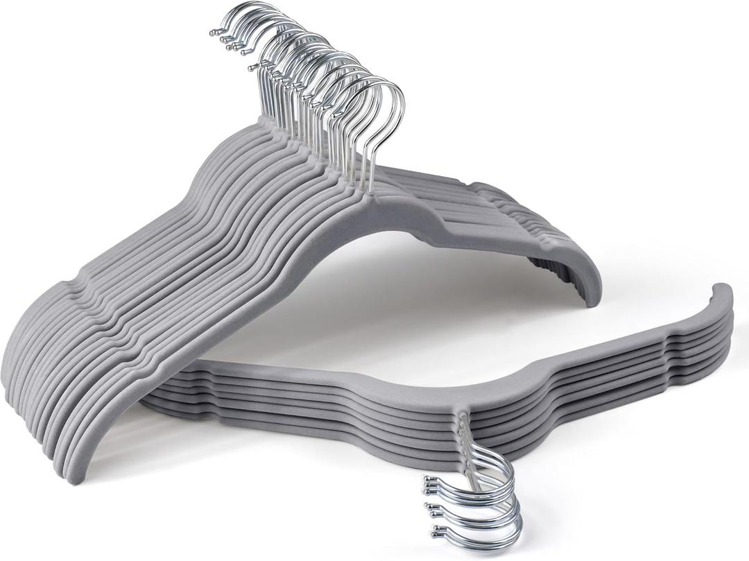 Sishynio Premium Velvet Shirt Hangers 30 Pack, Space-Saving Non-Slip Felt Hanger with 360 Swivel Hook, Slim Flocked Hangers for Strappy Dresses, Blouses, Tank Tops(Grey)