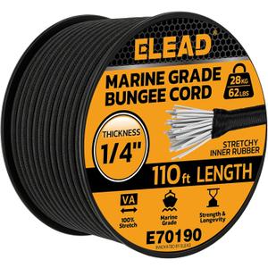 Heavy Duty Bungee Cord Roll, 1/4" x 110ft Marine Grade Outdoor Bungee Cords, Black Super Elastic Shock Cords, Long Cord for Cargo, Camping, Bike Racks, Tents
