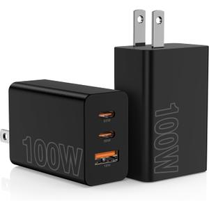 2Pack 100W USB C Wall Charger Block, 3-Port USB C Charging Adapter,Multi Super Fast Charging Power Plug Cube for MacBook Pro/Air,i-Pad Pro,i-Phone 17/16/15, Galaxy S25,and More-Black