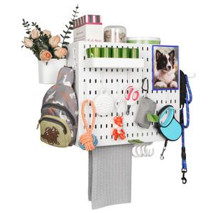 Pet Supply Storage Organizer Wall Mount Adjustable Metal Storage Shelving Unit, 16 Hooks, Tray, Mesh Bag For Holding Dog Toys, Treats, Coats | Dog Leash Holder For Wall with Shelf, 16 Inch Wide, White