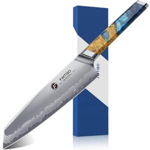 FINTISO Chef Knife 8 inch Kitchen Knife in S35VN Powder Steel Core Japanese Chef Knife, 7-Layers Clad Steel Cooking Knife Super Sharp Knife for Kitchen with Celestial Resin & Wood Handle Gift Box
