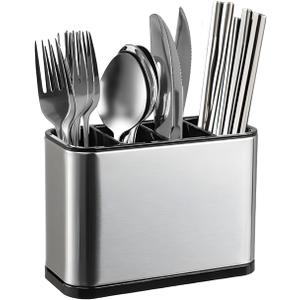 Silverware Organizer, Kitchen Utensil Holder for Counter, Stainless Steel Caddy with 4 Compartments Flatware Spoon Fork Tools Cutlery Holder Silverware Caddy for Utensil HolderSilvery
