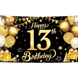 KatchOn, Happy 13th Birthday Banner Black and Gold - XtraLarge, 72x44 Inch | happy birthday Backdrop, happy 13th birthday Banner | happy birthday Decorations for Boys