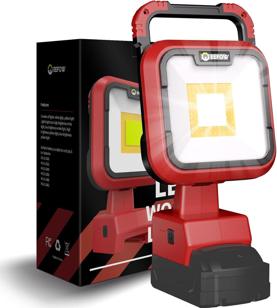 EEFOW Work Light for Milwaukee m18 Battery: Portable 68W 6800LM Cordless 18v Battery LED Flood Flashlight,140 Adjustable Head with Low Voltage Protection Lamp,USB & Type C Charge