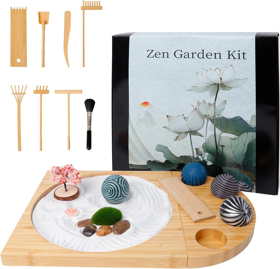 Zen Garden Kit for Desk - DIY Sand Garden with Balls, Japanese Mini Zen Decor, Sand Tray Therapy Kit, Office Desktop Accessories (11.8" x 10.8" x 2.7")