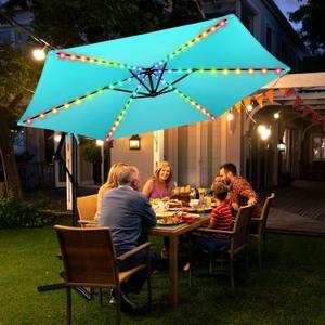 FRUITEAM Solar Colorful LED Lights Offset Patio Umbrella, 10 FT Heavy Duty Polyester Cantilever Outdoor Umbrella with 200+ Light Modes, UV Protection Sun Shade with Push Button Tilt for Garden, Backyard (Turquoise), 10 FT x 50 inches