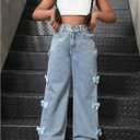 WDIRARA Girl's Cute Bowknot Elastic Waist Jeans High Waisted Straight Leg Denim Pants, Blue Size 12yrs