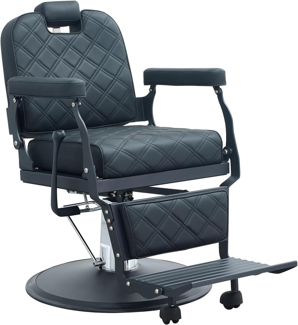 Kaleurrier Black Salon Chair Reclining: Professional Hydraulic Barber Chairs with Headrest and Footrest - Adjustable Heavy Duty Styling Chair for Home Hair Beauty Salon Massage Barbershop Tattoo (Black Leather Black Frame)