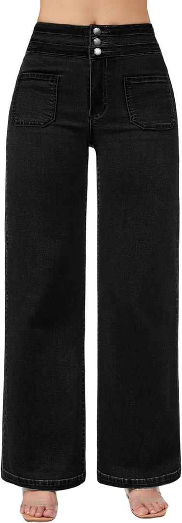 roswear Wide Leg Jeans Woman High Waist Stretchy Loose Denim Pants (Medium, Black)