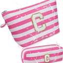 Initial Makeup Bag Personalized Stripe Cosmetic Bag Cute Waterproof Travel Toiletry Bag Birthday Gifts for 10 11 12 13 14 15 16 Years Old Teen Girl Gift Trendy Stuff (Pink C)