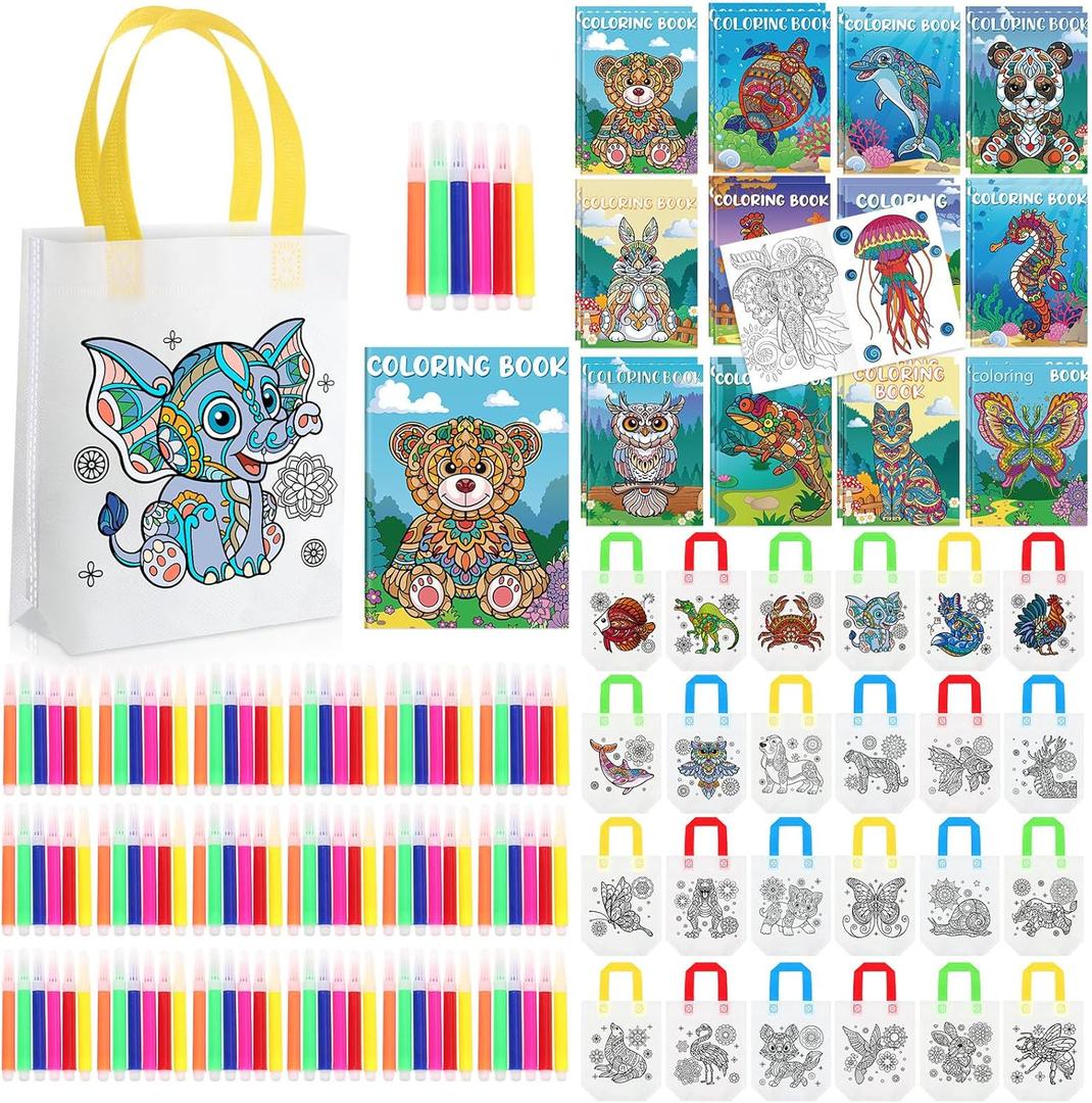 Pasimy 72 Pcs Mandala Animals Coloring Set Include 24 Mandala Animal Coloring Books 24 Color Your Own Gift Bags 24 Sets Markers for Kids DIY Painting Art Birthday Party Favor Classroom Activity Craft