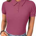 LYANER Womens Polo Shirts Short Sleeve Business Casual V Neck Collared Button Fitted Tops (Pink, L)